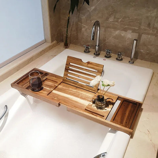 Adjustable Home Spa Wooden Bath Tray Bamboo Handmade Bathtub Caddy Organizer Rack Bathroom Accessories Bathtub Rack Stand Holder