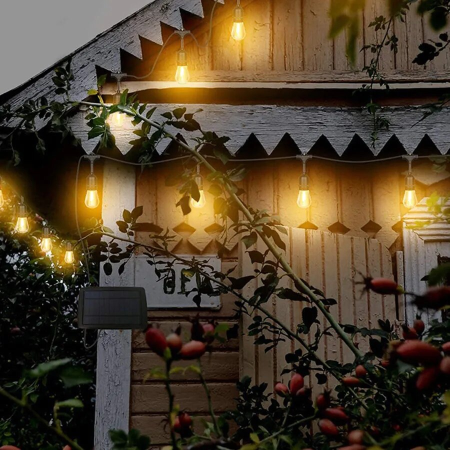 Load image into Gallery viewer, 15M 15LED S14 Solar String Lights Outdoor Commercial Grade Hanging Fairy String Lights for Patio Garden Backyard Bistro Decor
